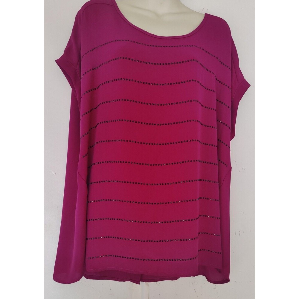 Lane Bryant Scoop Neck Hot Pink Top Sheer Beaded Short Sleeve SZ 14/16 NEW